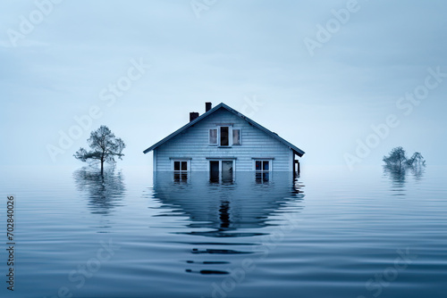 landscape with flooded house and water surface, concept image natural disaster in consequence of climate change