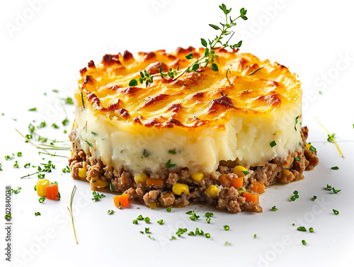 Shepherd's pie isolated on a white background. Is a popular and famous food in Britain. photo