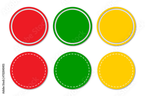 Set of red green and yellow circle template design with stitched effect. Set of colorful circle badges. Logo circle stamp. Round stitched circle set. Circle Template for logos, stickers and business.