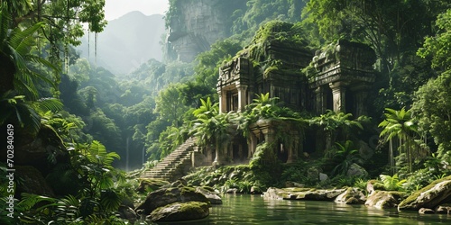 tropical rainforest river landscape with mysterious temple