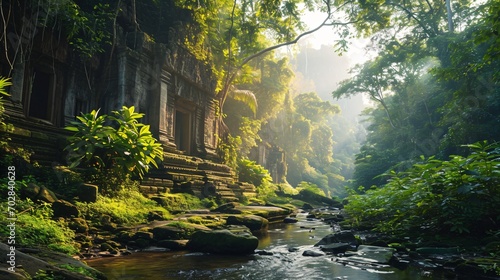 tropical rainforest river landscape with mysterious temple ruins photo