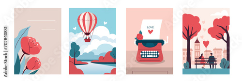 Valentine's Day illustrations set. Collections of beautiful romantic postcards for 14 February with couple of lovers, flowers and love letter. Seasonal holiday banner concept. Vector illustration.
