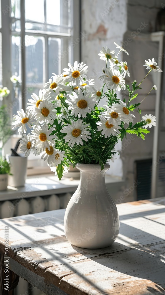 daisies in white vase in old interior style daisies in white vase in old interior style