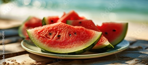 Watermelon, tropical fruits, sand beach, sea, red fruit on plate, healthy diet, organic nutrition, dessert snack, holidays, melon beverage. photo