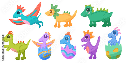 Set with cute dinosaurs in doodle outline style