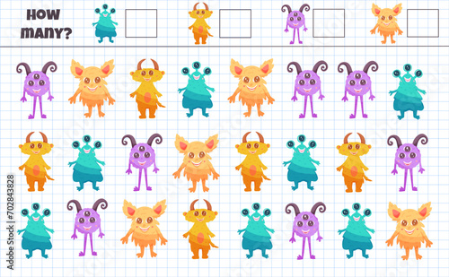 Counting game for child with cute funny monsters