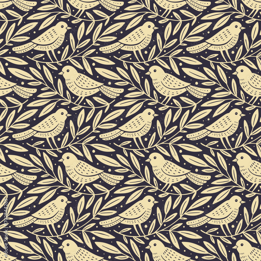 Hand drawn seamless pattern with decorative birds and branches Nature floral forest seamless pattern Hand drawn seamless pattern with decorative birds and branches Nature floral forest seamless pattern
