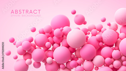 Pink random flying spheres background for Happy Valentine's day or love concept. Pink matte soft balls for romantic postcard, flyer, banner, invitation or poster. Vector 3d illustration