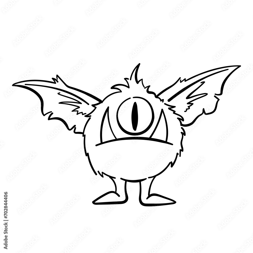 Fototapeta premium Handdrawn doodle coloring page Cute Monster Comic joyful monster character kids cartoon character design for poster, kids product logo, mascot, print on demand and packaging design