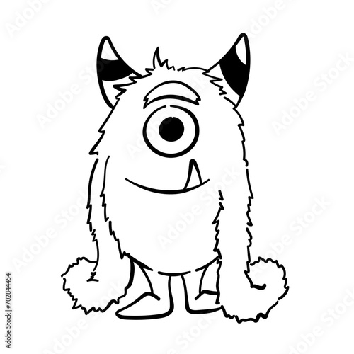 Handdrawn doodle coloring page Cute Monster Comic joyful monster character kids cartoon character design for poster, kids product logo, mascot, print on demand and packaging design