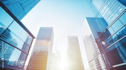 Modern office building with blue sky, and glass facades. Economy, finances, business activity concept, Eco-friendly building in the city, blurred image