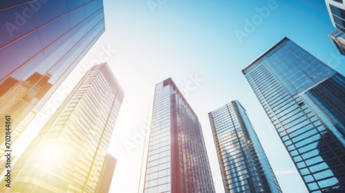 Modern office building with blue sky  and glass facades. Economy  finances  business activity concept  Eco-friendly building in the city  blurred image
