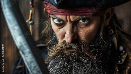 pirate portrait with beard saber hat and bandana fierce intense gaze photo