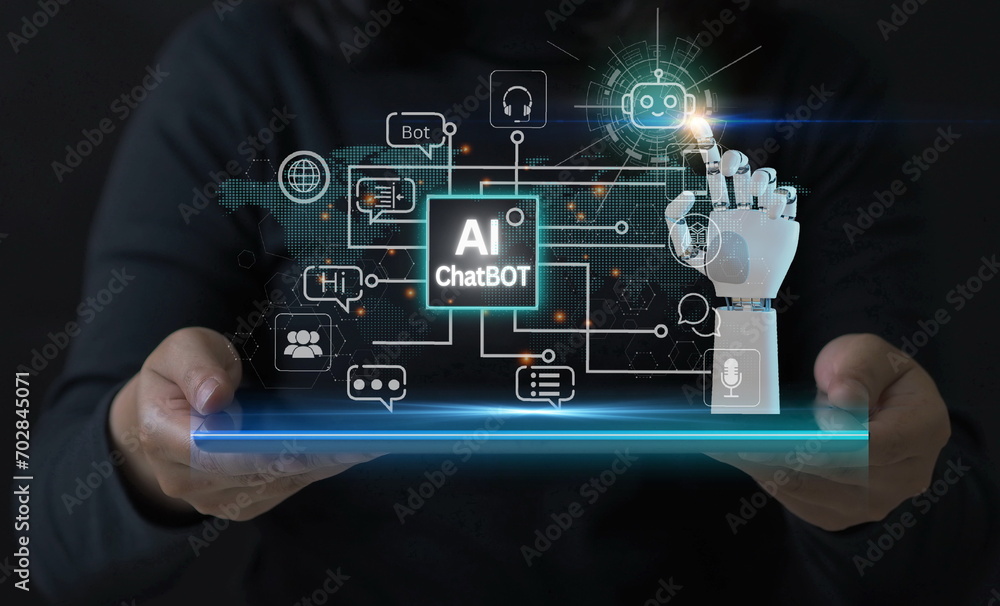 Chat bot Chat with AI, Artificial Intelligence. man using technology smart robot AI, artificial intelligence by enter command prompt for generates something, Futuristic technology transformation. Chat bot Chat with AI, Artificial Intelligence. man using technology smart robot AI, artificial intelligence by enter command prompt for generates something, Futuristic technology transformation.