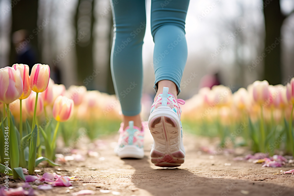 Back view of woman's legs with sport shoes jogging in park with tulip spring flowers