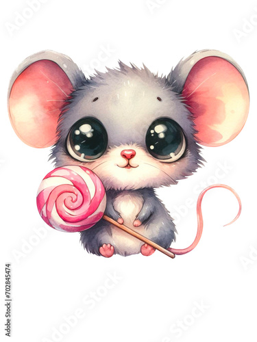 Kleine Maus mit Kulleraugen und Lolli, niedliches Kindermotiv, PNG
