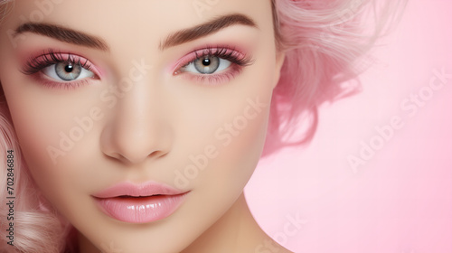 Portrait of a nice looking woman, blonde lady with pink hair, Woman on Valentine's Day. Symbol of love. Confident Independent woman , International Women Day, copy space