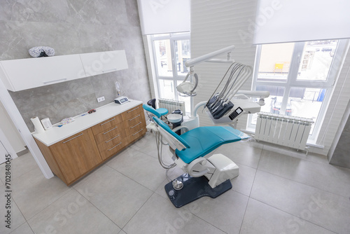 Modern Dental office. equipment at dental office. Dental chair and other accessories. Dental clinic equipment.