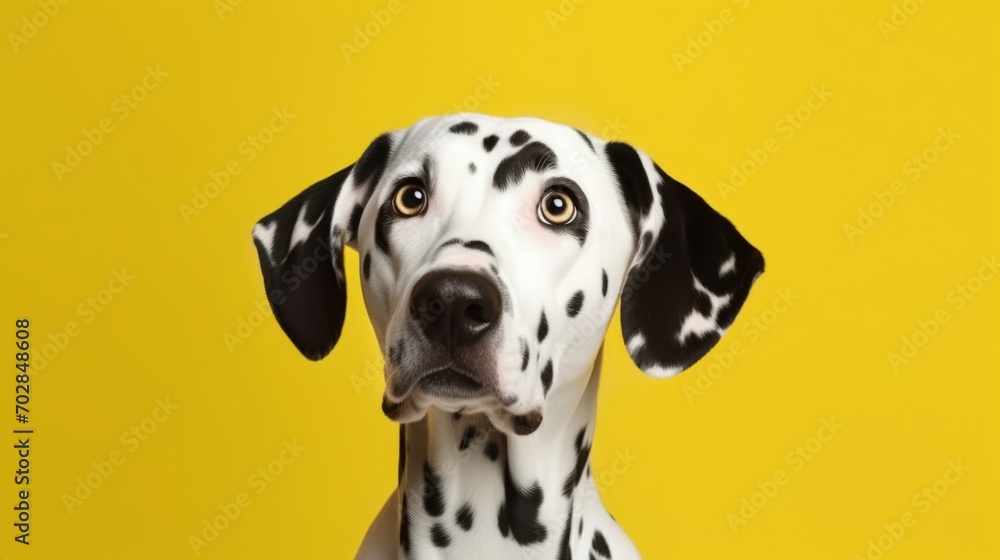 A dalmatian dog standing in front of a yellow background A dalmatian dog standing in front of a yellow background