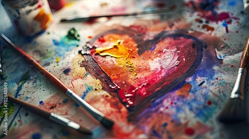 An artistic scene with a watercolor painted heart, surrounded by brushes and splashes of color. 