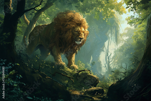 illustration of a giant lion guarding the forest photo