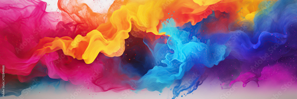 Abstract representation of Holi, the festival of colors. Swirls of pink, orange, yellow, blue, and purple blend together, resembling clouds of color thrown in the air during the celebration.