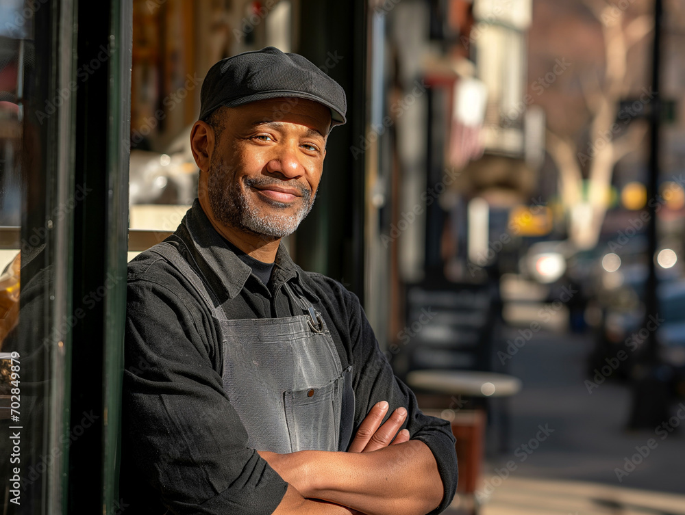 Proud male baker standing confidently outside his urban bakery, embodying the spirit of small business success in the city. Proud male baker standing confidently outside his urban bakery, embodying the spirit of small business success in the city.