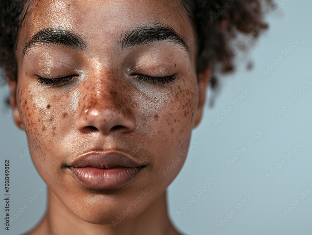 Close-up of a young woman's face, highlighting her unique beauty and the natural details of hyperpigmentation on her skin. Close-up of a young woman's face, highlighting her unique beauty and the natural details of hyperpigmentation on her skin.