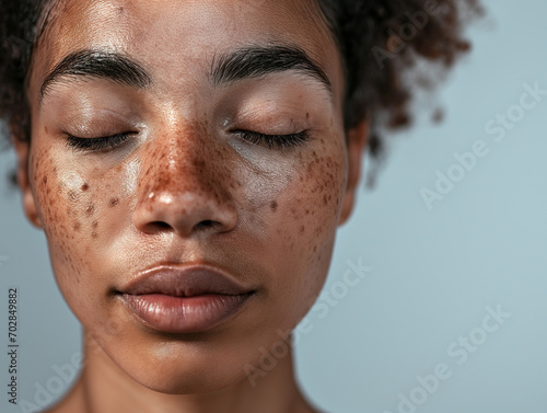 Close-up of a young woman's face, highlighting her unique beauty and the natural details of hyperpigmentation on her skin. photo