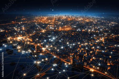 A city's veins of connectivity are aglow with golden streams of light, showcasing the bustling energy and advanced infrastructure of an urban center.