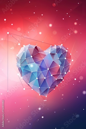 Polygonal love valentine heart made of connected lines and dots on blurred gradient multicolor background for greeting card. Valentine's Day holiday banner concept, copy space - generative ai © Nia™