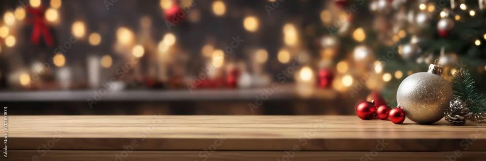 Wooden Countertop with Christmas Mockup Setup, Ideal for Working Negative Space and Copy Placement