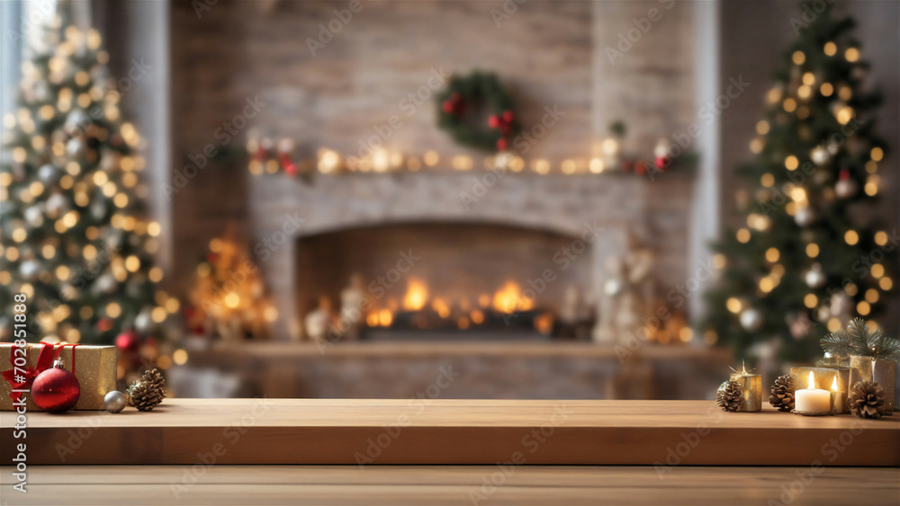 Wooden Countertop with Christmas Mockup Setup, Ideal for Working Negative Space and Copy Placement