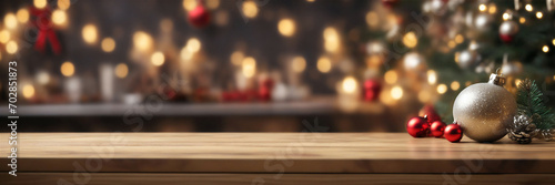 Wooden Countertop with Christmas Mockup Setup  Ideal for Working Negative Space and Copy Placement