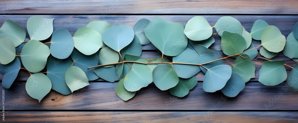 A captivating composition of eucalyptus leaves on a weathered wooden surface, creating a visually appealing flat lay. - obrazy, fototapety, plakaty 