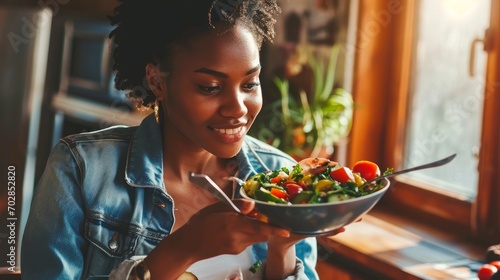 Beautiful afro american woman eating vegetable salad at home. photo