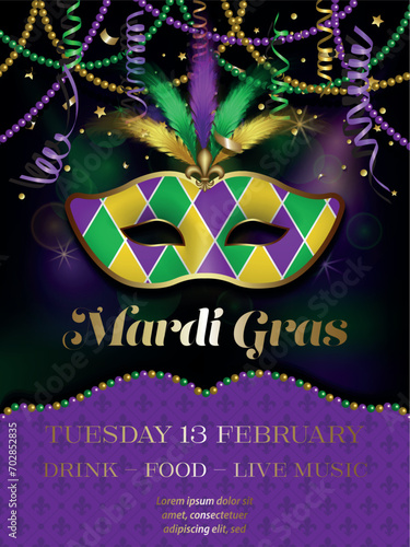 mardi gras party poster. mardi gras background with mask, confetti and streamers