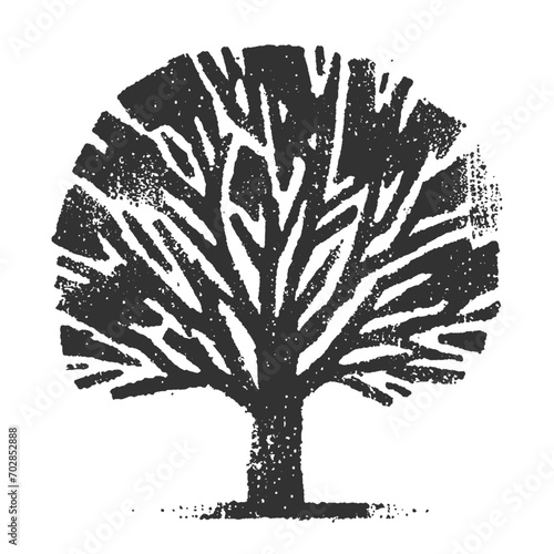 Tree with leaves. Wood block print style vector illustration.