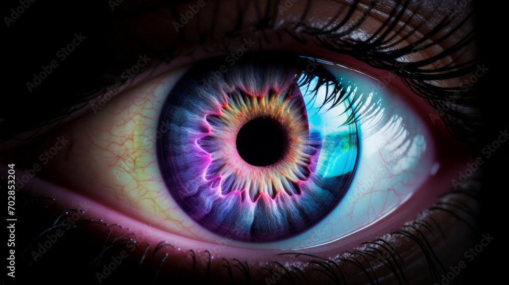 A close up of a person's eye with a colorful iris
