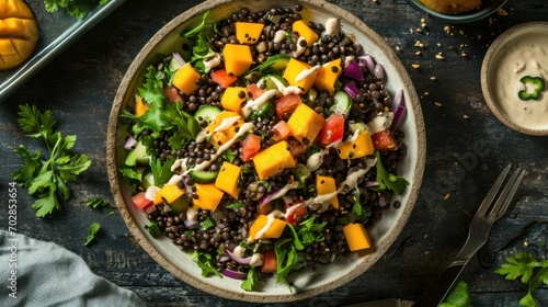 Black lentil salad with mango and tahini dressing photo