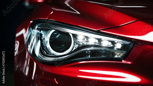 Closeup on headlight of a generic and unbranded red car photo