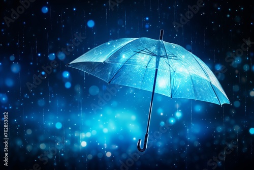 Transparent Umbrella in Rain with Water Drops Splash Background. Rainy Weather Concept