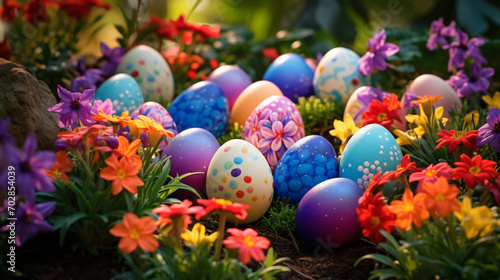 Colorful Easter Eggs Nestled Among Beautiful Flow