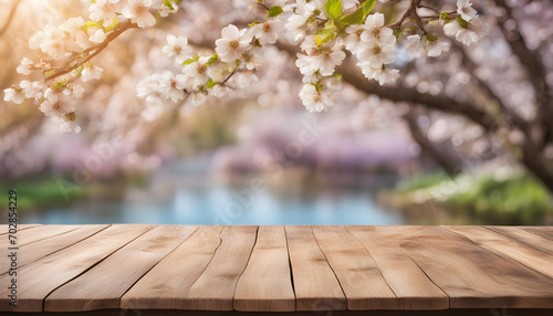 Lovely spring landscape with empty wooden table and copy surface