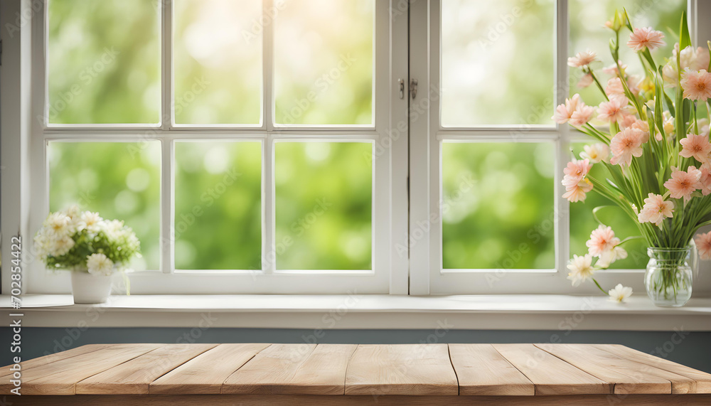 Beautiful spring or summer window with empty wooden table and copy surface Beautiful spring or summer window with empty wooden table and copy surface
