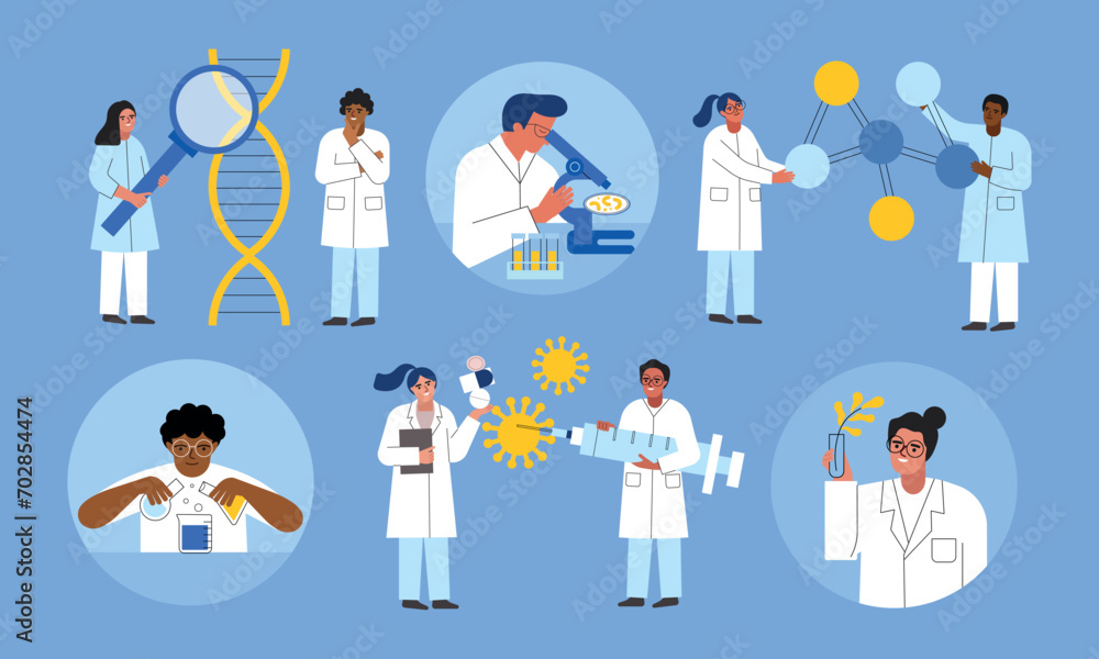 Cartoon scientists characters. Chemical laboratory workers, lab researchers, antiviral remedies invention, studying bacteria, vector set.eps Cartoon scientists characters. Chemical laboratory workers, lab researchers, antiviral remedies invention, studying bacteria, vector set.eps