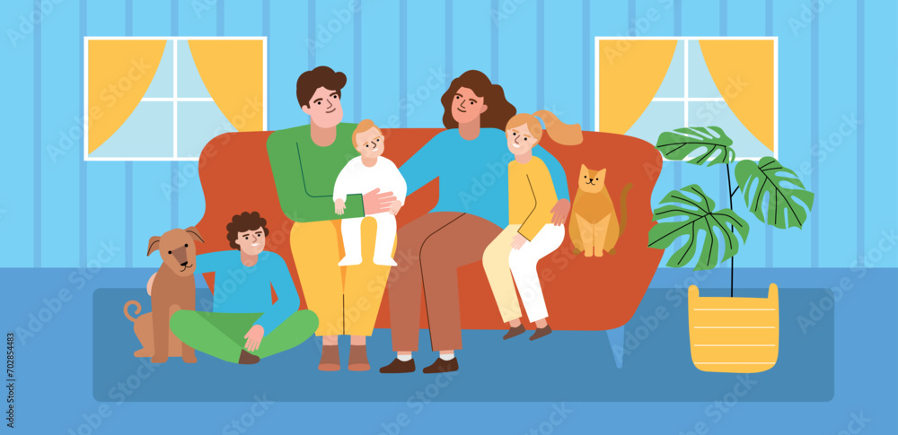 Happy family is sitting on sofa. Cartoon parents and children room interior, cat and dog, kids with pets mom and dad, vector illustration.eps