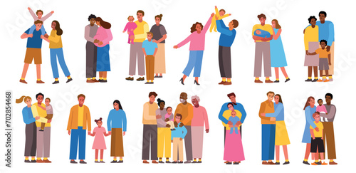 Cartoon happy families. Multinational people, parents with children, grandparents, couples, pregnant, newborns characters, vector set.eps