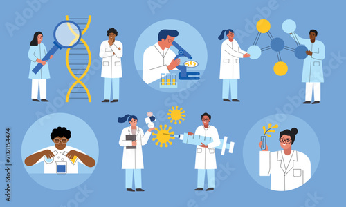 Cartoon scientists characters. Chemical laboratory workers, lab researchers, antiviral remedies invention, studying bacteria, vector set.eps