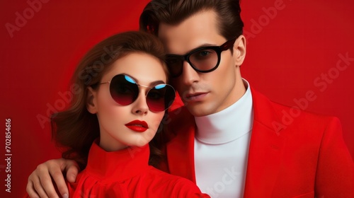 Beautiful fashion woman and her handsome boyfriend in red elegant suit. Sexy blond model in red evening dress. Fashionable couple posing in studio. Brutal man and his female.